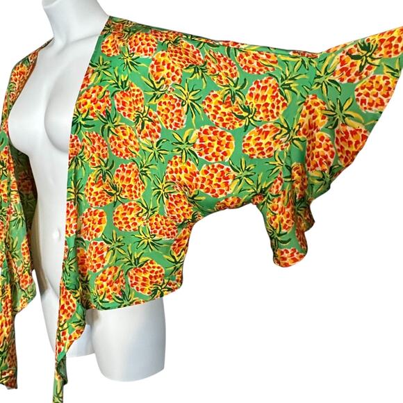Skies Are Blue Tropical Blouse Large Top Pineapple Print Tie Waist Kimono Sleeve - Picture 7 of 12
